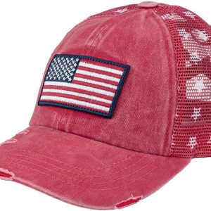 Women's Criss-Cross Ponytail Baseball Cap – Embroidered Cotton Front, American Flag Mesh Back, Adjustable Velcro