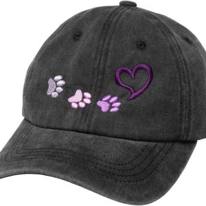 Distressed Cotton Baseball Cap Adjustable Embroidered Paw Print Heart Hat for Women Animal Lover Gift