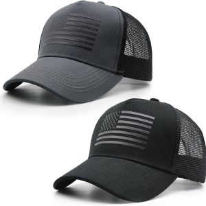 2 Packs American Flag Trucker Hat, Adjustable Mesh Baseball Caps for Men Women
