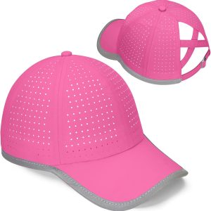 Girls Criss Cross Ponytail Hat Reflective Brim Baseball Cap Kids Quick Drying Laser Perforated Mesh Golf Hat Age 5-12