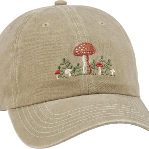 Baseball Cap, Snail & Mushroom, Stonewashed Khaki, Adjustable fit Metal Buckle