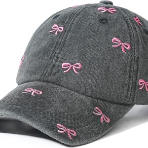 Cute Hats for Women, Bow Embroidery Baseball Cap Hat for Women, Trucker Hat Cotton Adjustable Womens Hats Trendy, Cute Caps for Women Washed Black